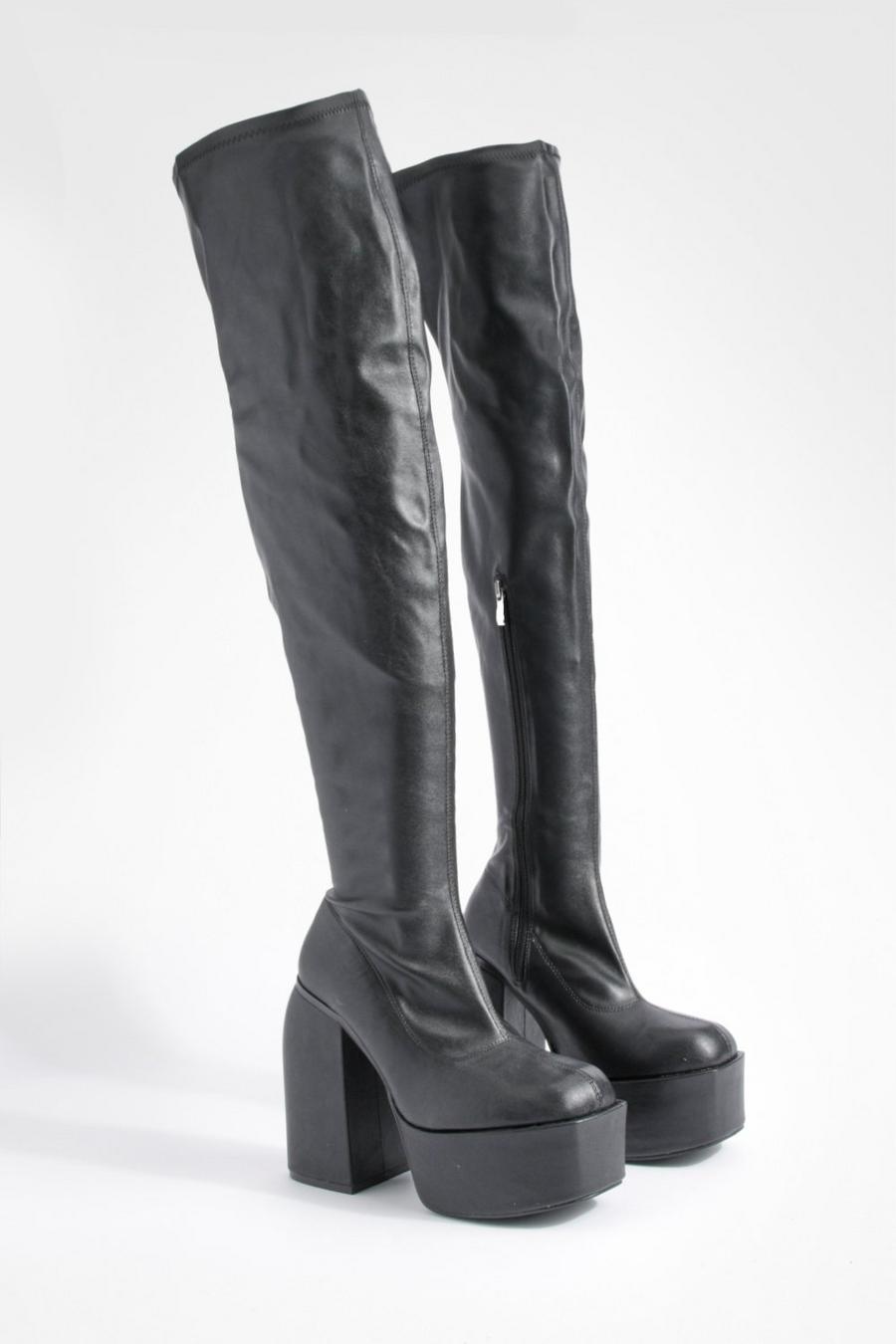 Botas de caña alta y cuero sintético elásticas con plataforma y tacón grueso, Black