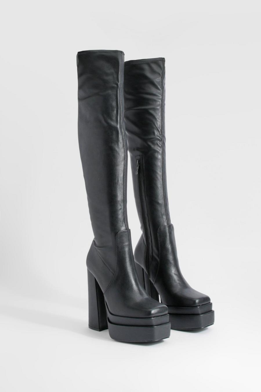 Botas de caña alta y cuero sintético elásticas con plataforma y tacón grueso, Black