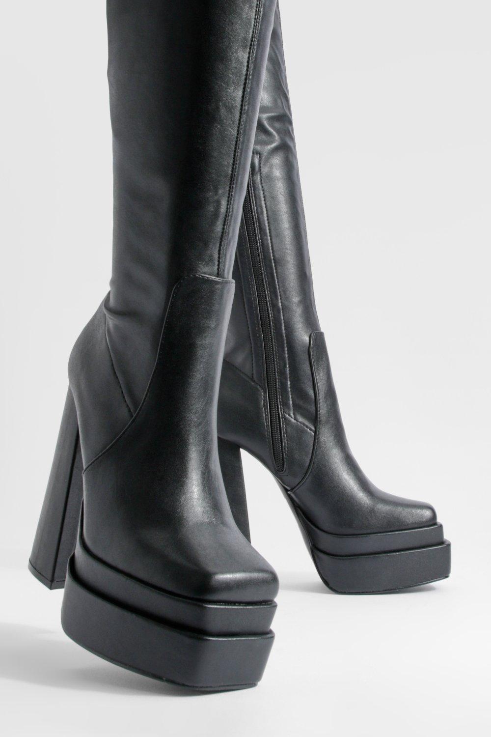 Heeled Stretch Knee High Boots - Black