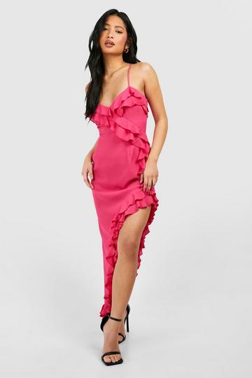 Rose Pink Petite Plunge Ruffle Woven Split Leg Maxi Dress