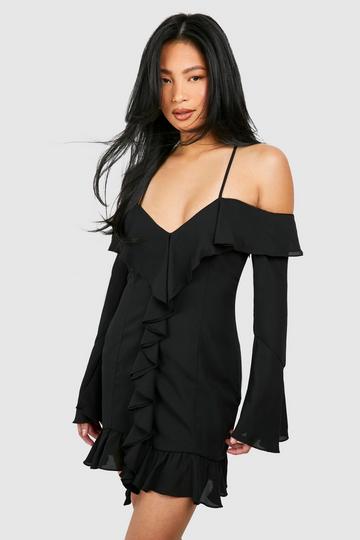 Black Petite Plunge Ruffle Flare Cuff Mini Dress