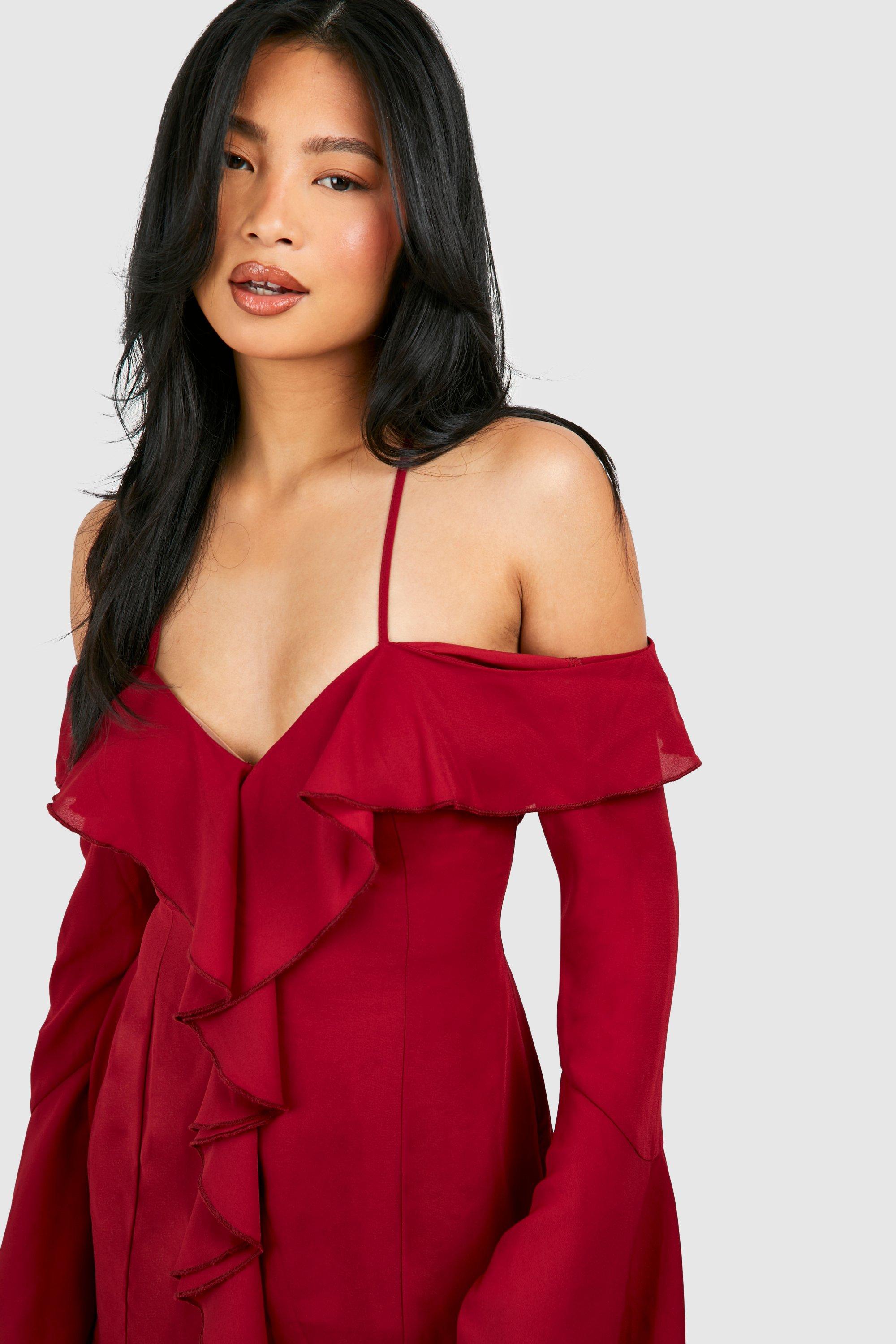 Petite Plunge Ruffle Flare Cuff Mini Dress