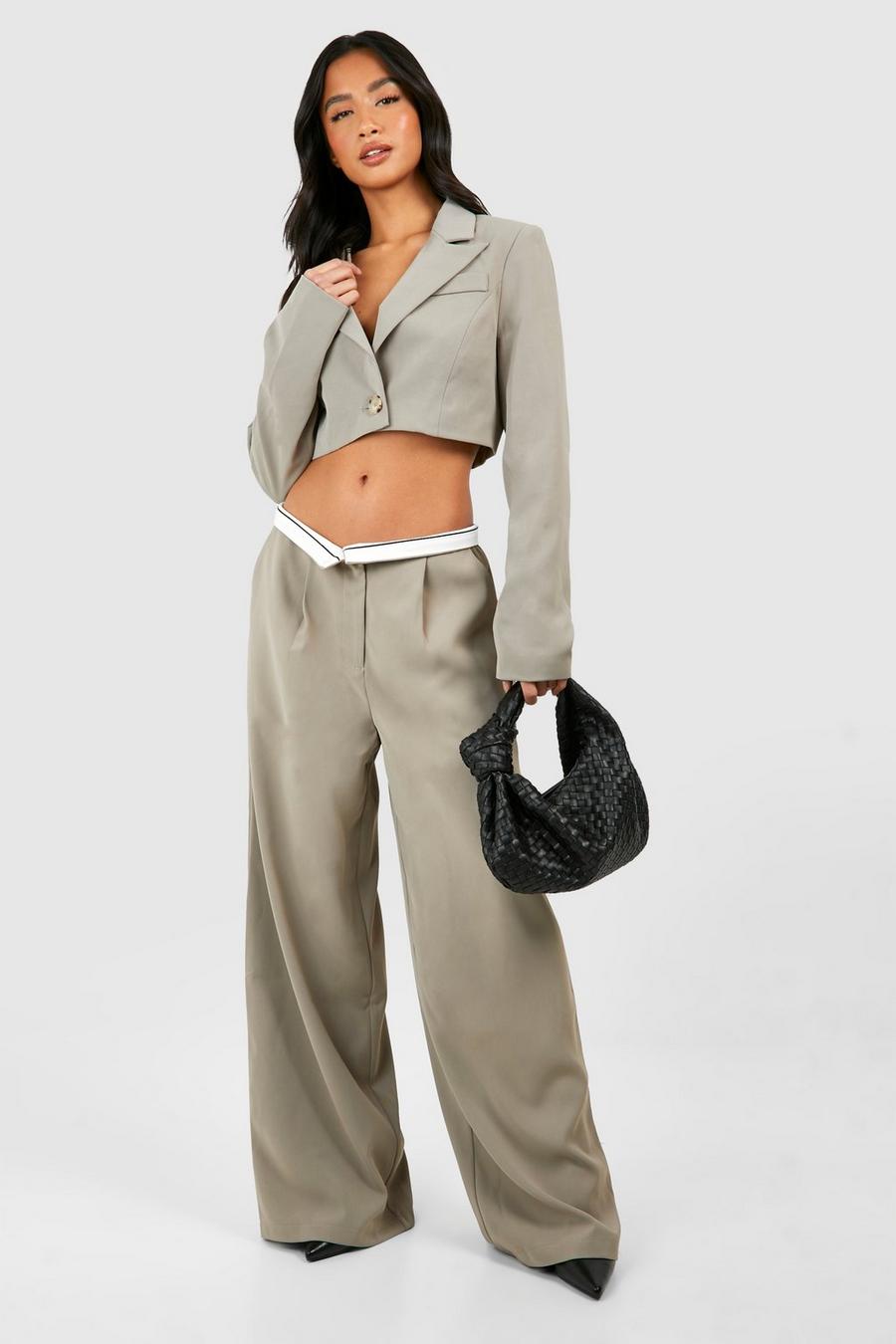 Mocha Petite Contrast Waistband Wide Leg Tailored Trousers image number 1