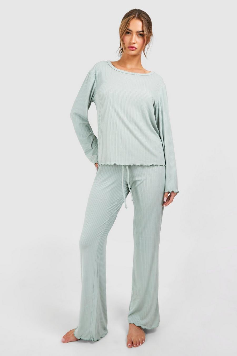 Sage Pointelle Long Sleeve And Trouser Pj Set image number 1
