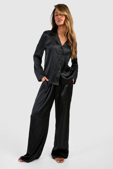 Black Oversized Satin Long Sleeve Shirt & Trousers Pyjama Set