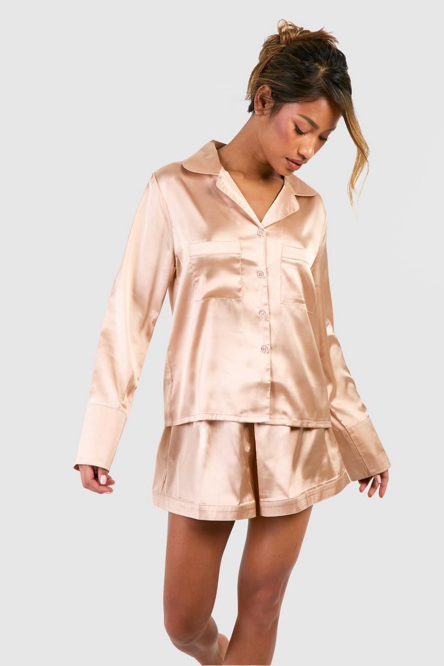 Langärmliges kurzes Pyjama-Set mit doppelten Taschen, Blush image number 1