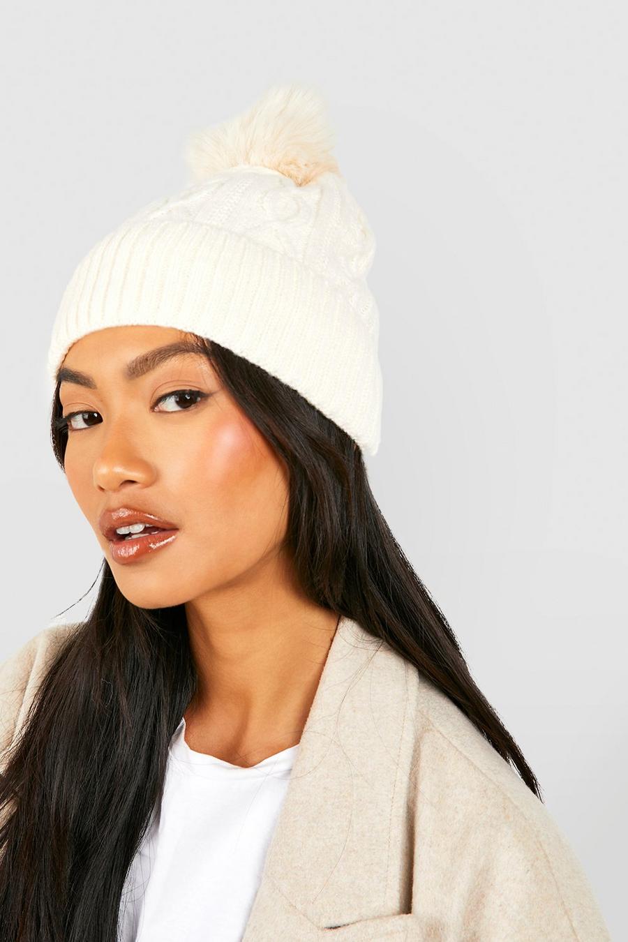 Ivory Cable Knit Pom Pom Beanie image number 1