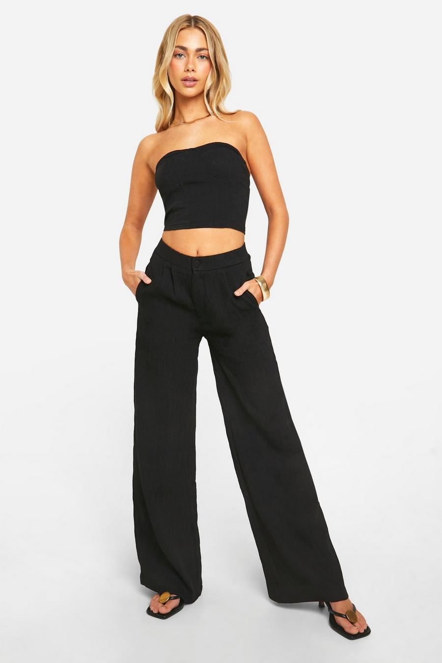 Black Textured Crinkle Wide Leg Trousers image number 1
