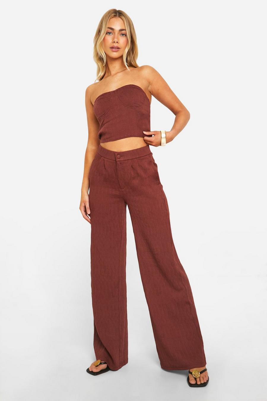 Chocolate Textured Crinkle Wide Leg Trousers image number 1