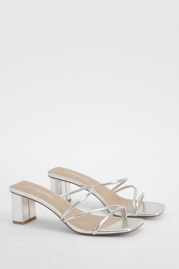 Silver Strappy Low Block Heel Mule