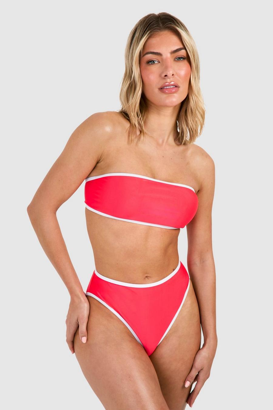 Red Contrast Binding High Waisted Bikini Set
