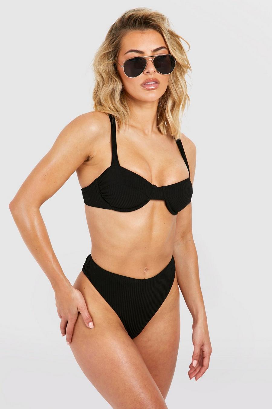 Frottee Bikinihose mit hohem Bund und hohem Beinausschnitt, Black image number 1