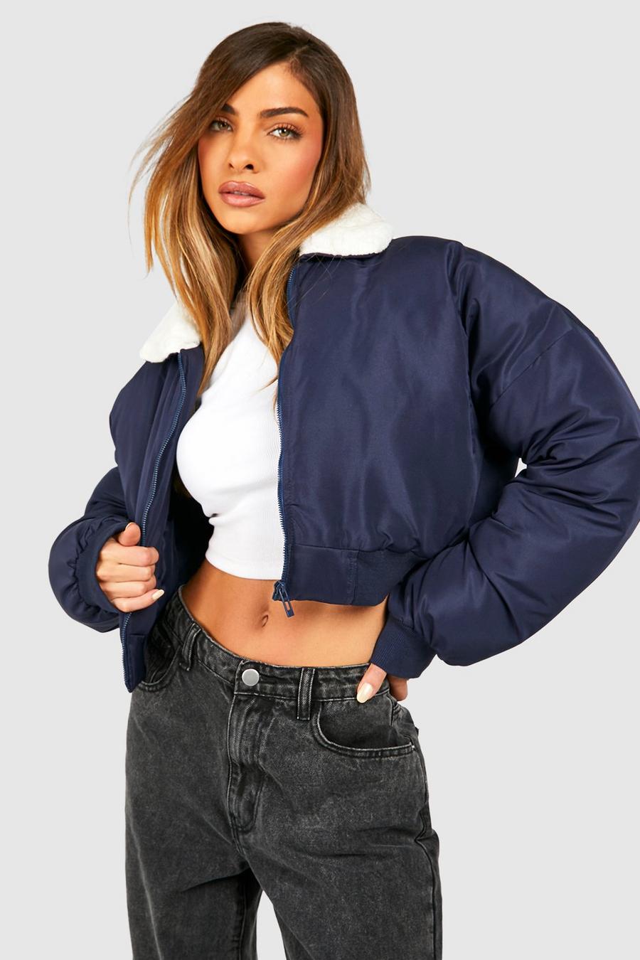 Giacca Bomber imbottita con colletto in pile borg, Navy image number 1