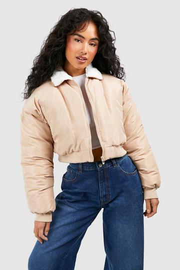 Stone Beige Borg Collar Padded Bomber Jacket