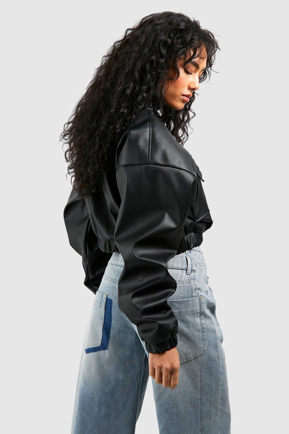 Faux Leather Cropped Bomber Jacket