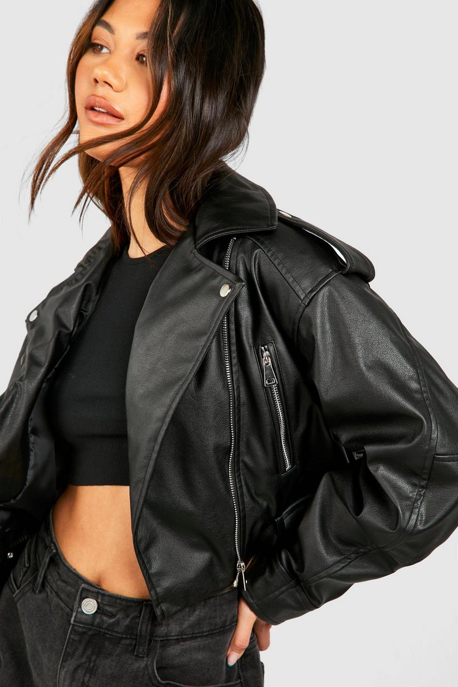 Black Cropped Belted Faux Leather Moto Jacket image number 1