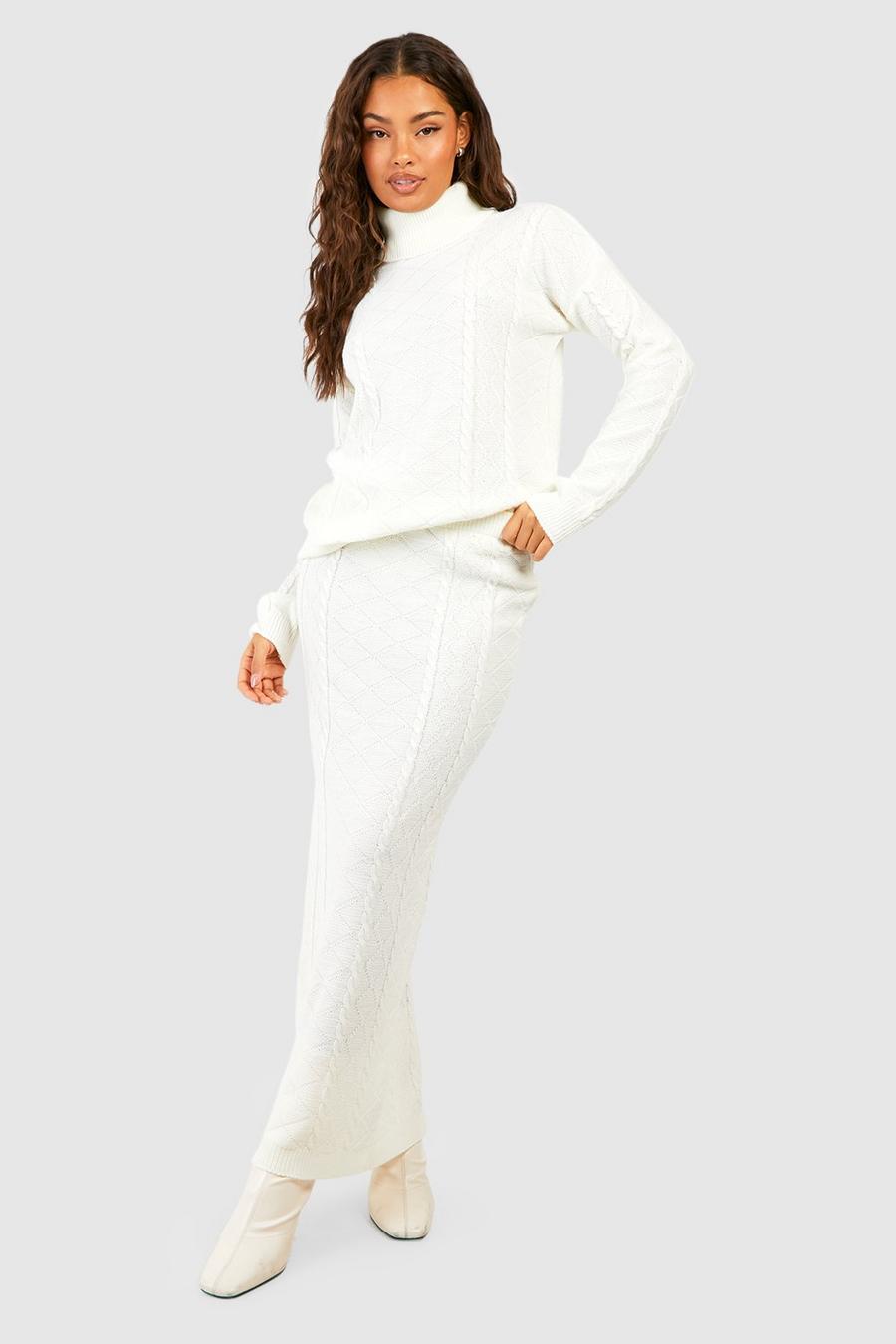 Cream white Cable Turtleneck Jumper And Maxi Skirt Knitted Co-Ord
