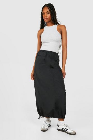 Black Tall Nylon Pocket Detail Midi Skirt