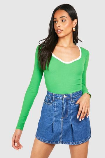 Tall Premium Contrast Rib Notch Neck Bodysuit green