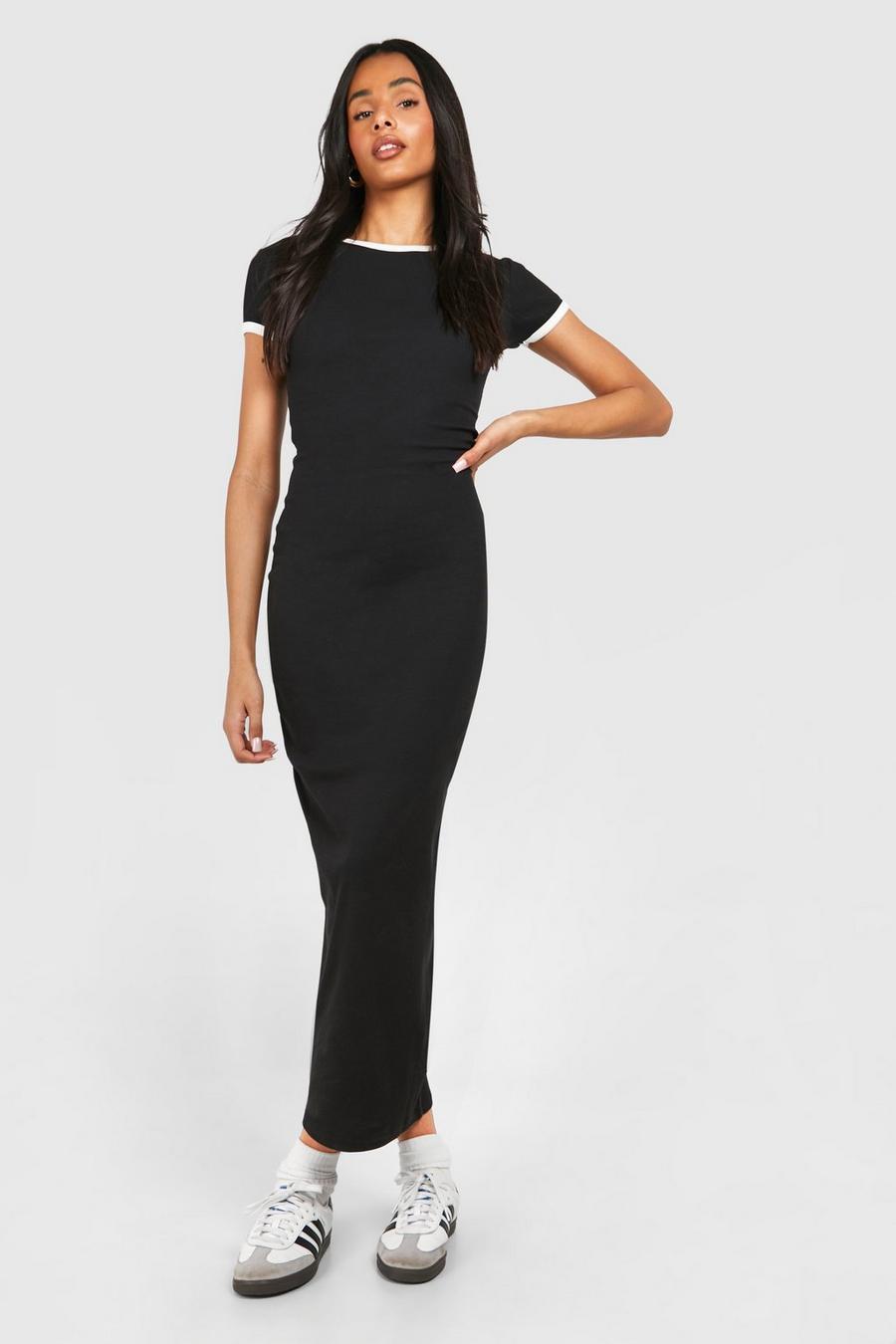 Black Tall Contrast Binding Short Sleeve Midi Dress image number 1
