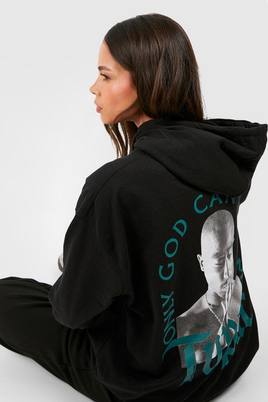 Sudadera oversize con capucha y estampado en la espalda de Tupac, Black image number 1