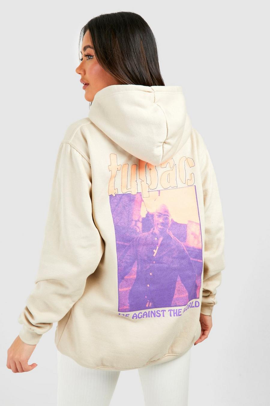 Ecru Tupac Oversize hoodie med tryck på ryggen