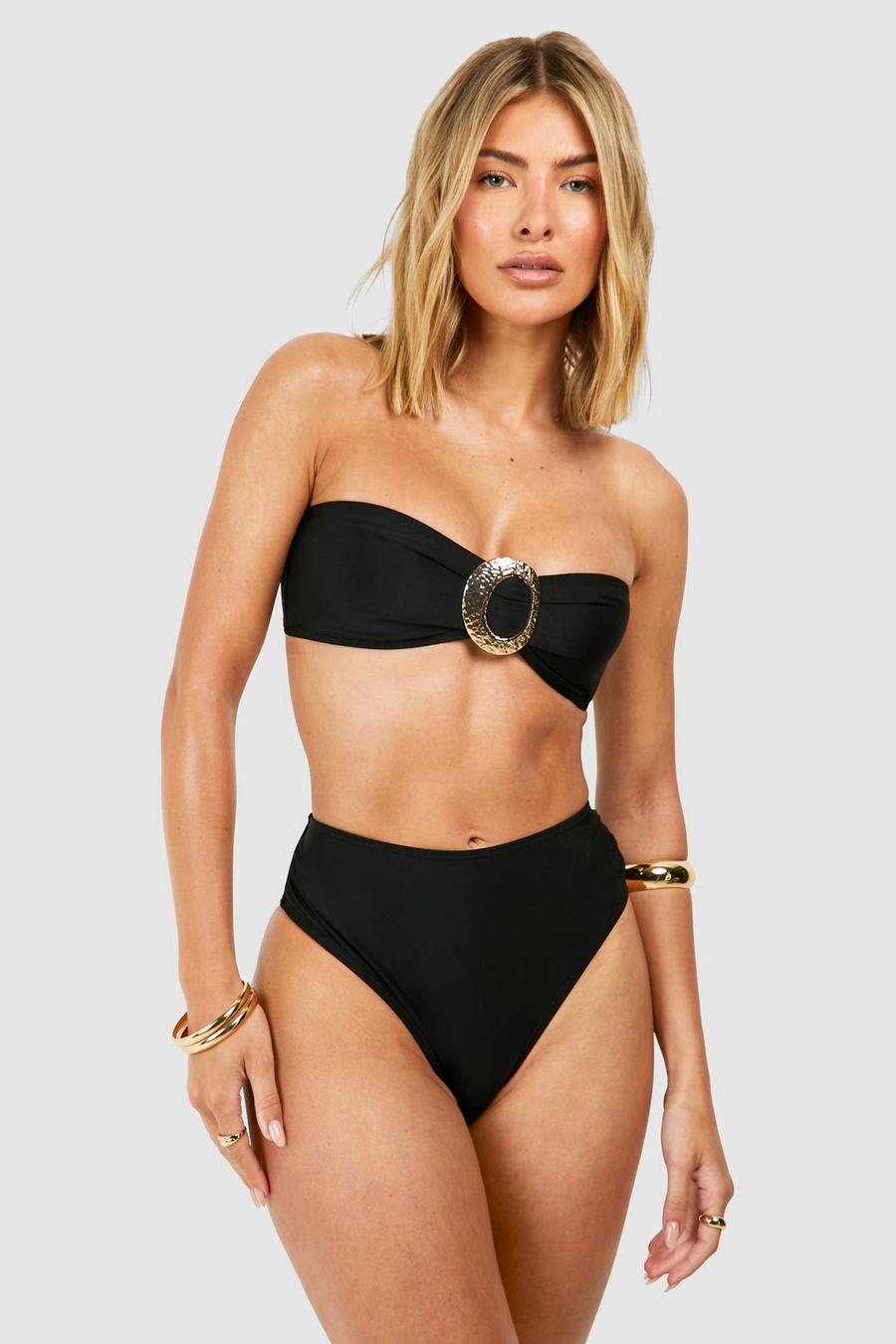 Bandeau-Bikini mit hohem Bund und Gold-Detail, Black image number 1