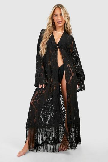 Crochet Fringe Hem Beach Kimono black