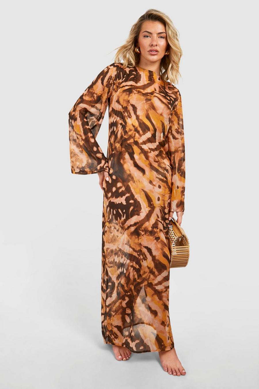 Robe courte imprimée à dos nu, Brown image number 1