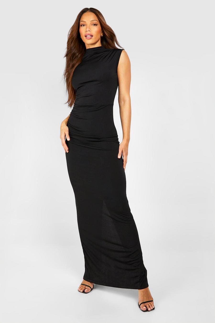 Black Tall Slinky High Neck Ruched Maxi Dress image number 1