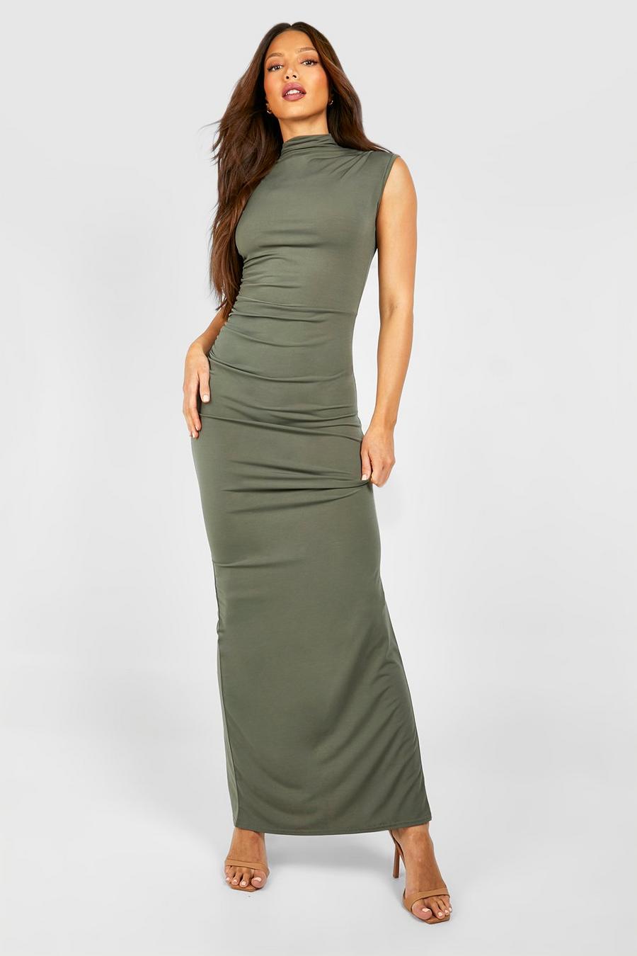 Khaki Tall Slinky High Neck Ruched Maxi Dress image number 1