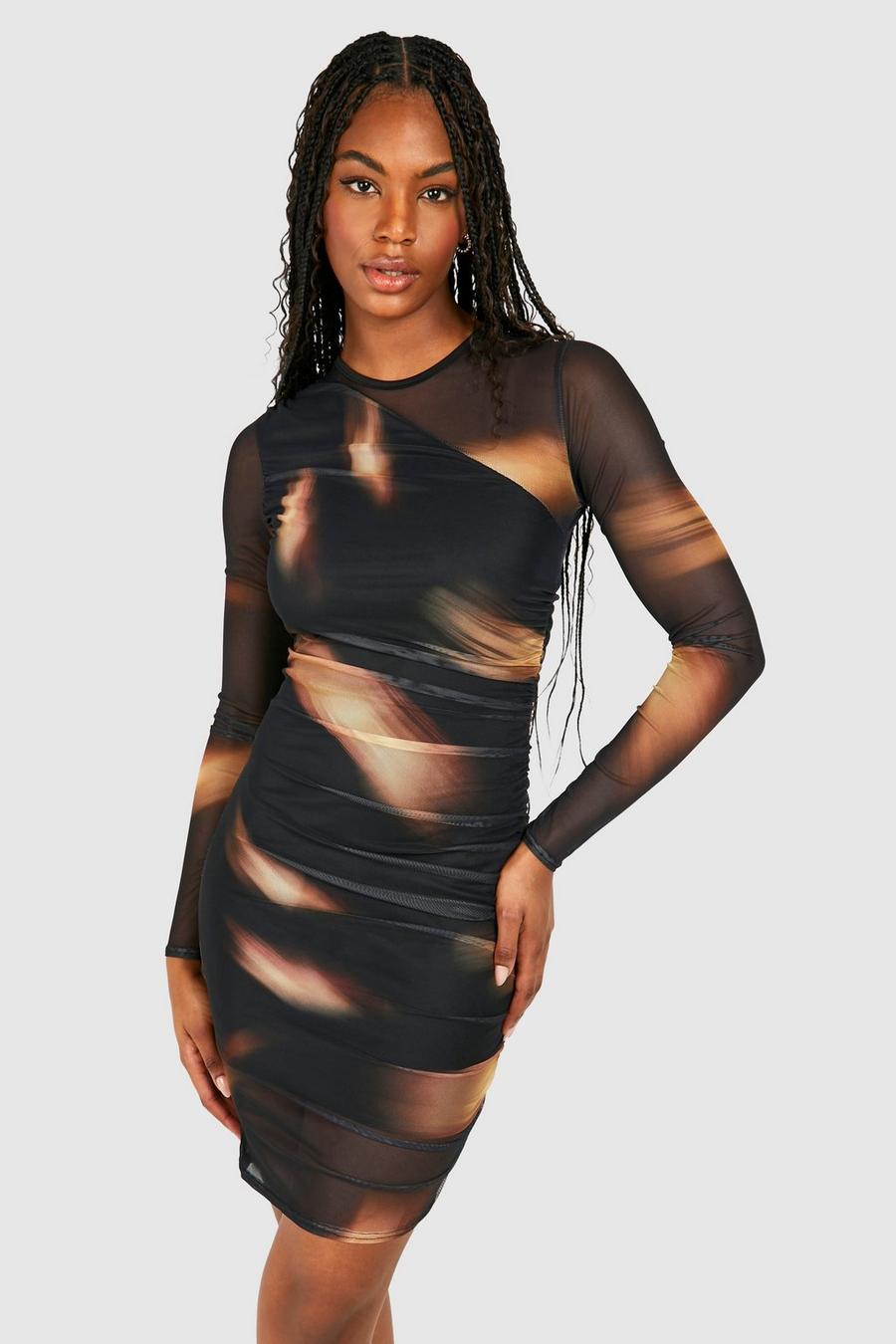 Black Tall Abstract Mesh Ruched Mini Dress