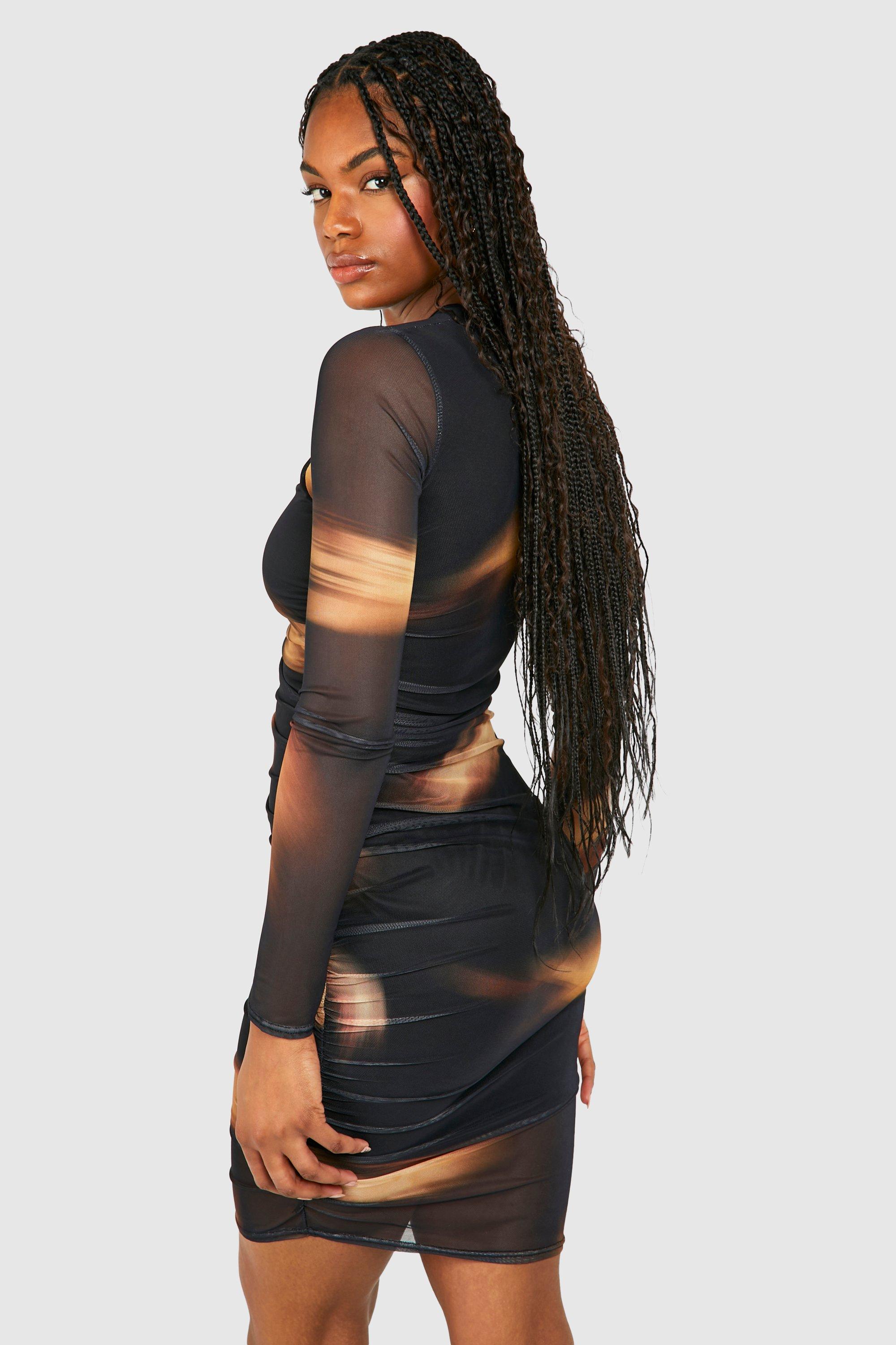 Tall Abstract Mesh Ruched Mini Dress