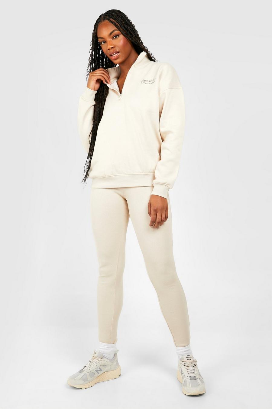 Beige Tall Oversized Half Zip Sweater And Legging Set image number 1