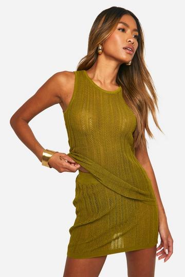 Racer Neck Vest And Mini Skirt Crochet Knitted Set khaki