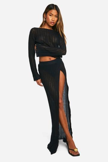 Tie Back Top And Thigh Split Maxi Skirt Crochet Knit Set black