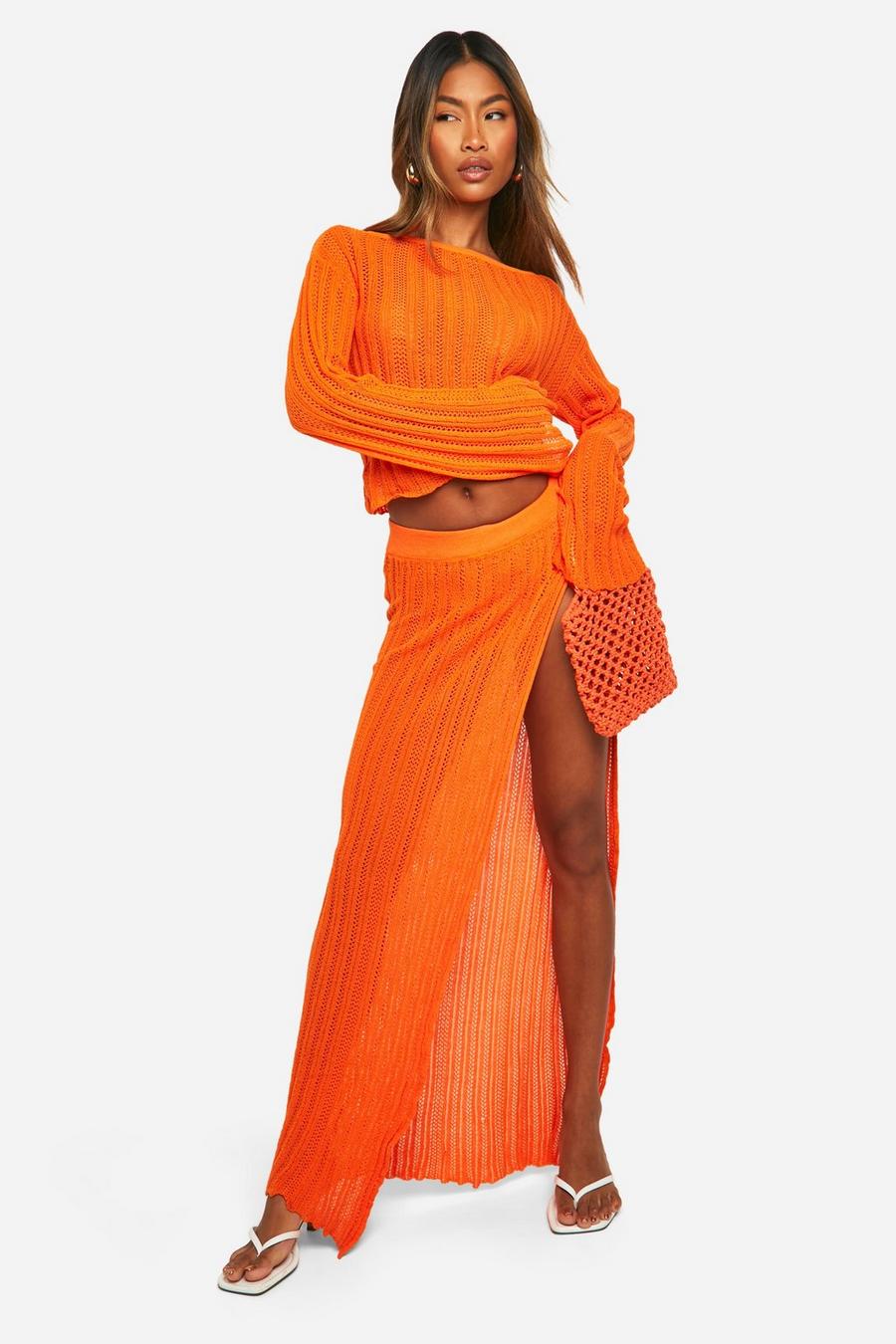 Orange Tie Back Top And Thigh Split Maxi Skirt Crochet Knit Set image number 1