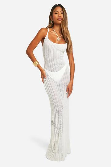 Ivory White Crochet Ladder Cowl Neck Knitted Maxi Dress