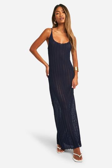 Crochet Ladder Cowl Neck Knitted Maxi Dress navy