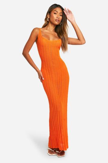 Orange Crochet Ladder Cowl Neck Knitted Maxi Dress