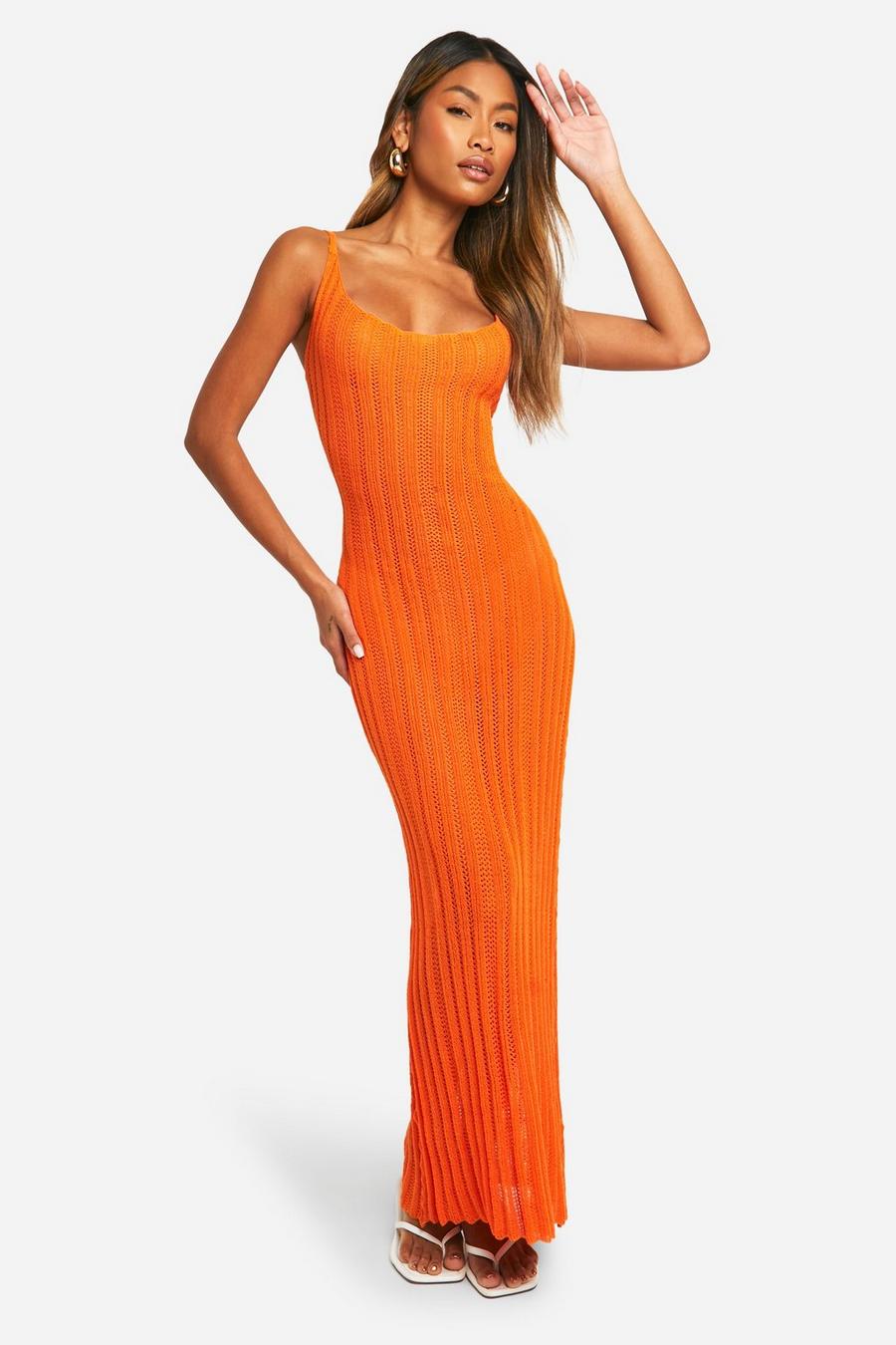Orange Crochet Ladder Cowl Neck Knitted Maxi Dress