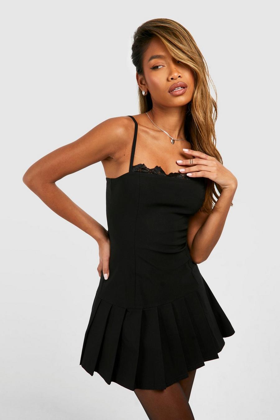 Black Lace Trim Pleated Mini Dress 