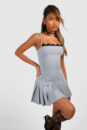 Lace Trim Pleated Mini Dress grey
