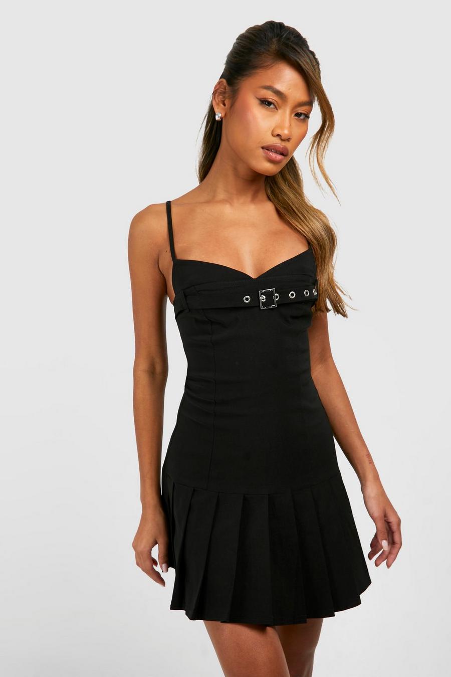 Black Buckle Pleated Mini Dress image number 1