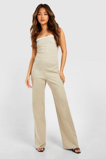 Beige Ruched Detail Strapless Jumpsuit