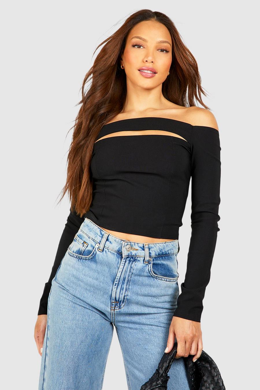 Black Tall Cut Out Off The Shoulder Top image number 1