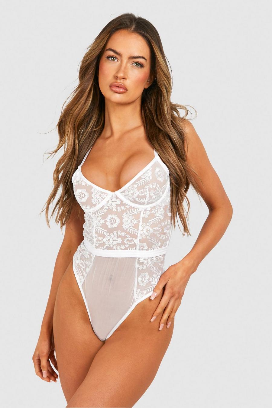 White Lace Embroidered Bodysuit image number 1