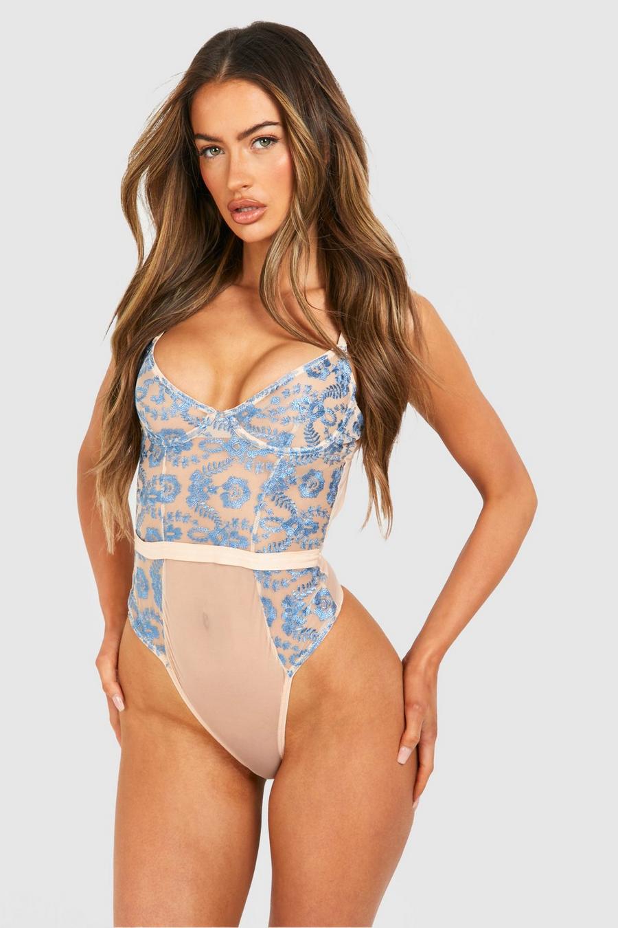 Blue Lace Embroidered Bodysuit  image number 1