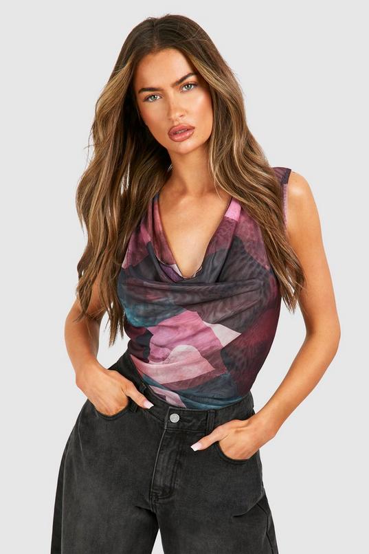 boohoo Blurred Geo Mesh Cowl Bodysuit Sale