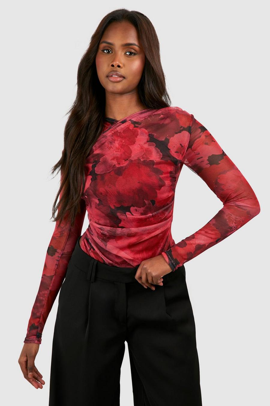 Red Floral Ruched Mesh Long Sleeve Bodysuit  image number 1